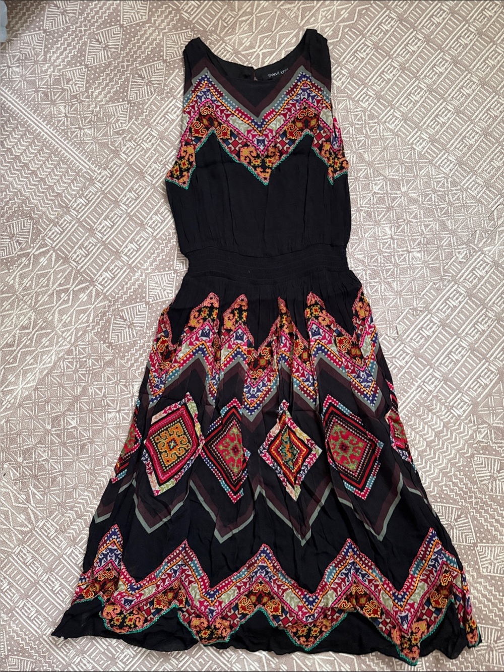 Embroidered Black Midi Dress with Multicolor Chevron Detail